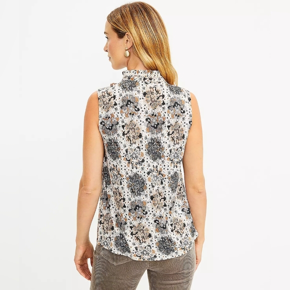 Floral Ruffle Tie Neck Mixed Media Shell - Picture 4 of 5